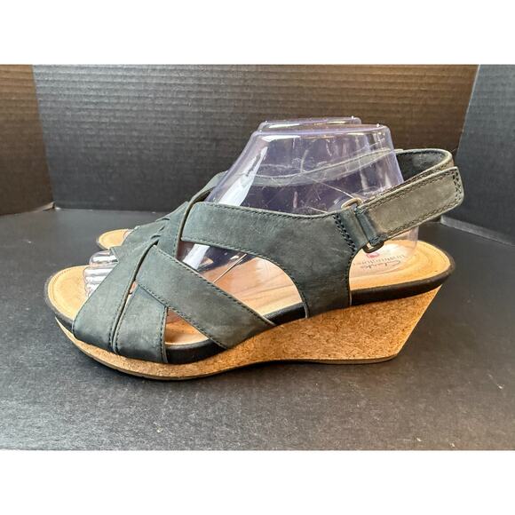 Clarks Shoes - Clarks Unstructured Womens Size 10 M Capri Step Black Nubuck Strap Wedges